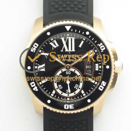 Replica Calibre De Cartier Diver W7100052 42MM JF Rose Gold Black Dial A23J