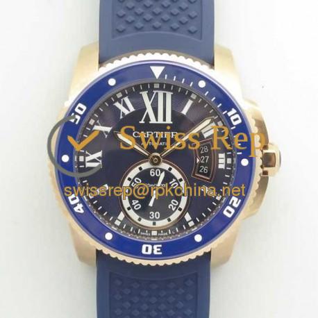 Replica Calibre De Cartier Diver WGCA0009 42MM JF Rose Gold Blue Dial A23J