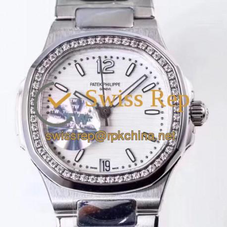 Replica Patek Philippe Nautilus Ladies 7018/1A-001 TW Stainless Steel & Diamonds White Dial Swiss 324SC
