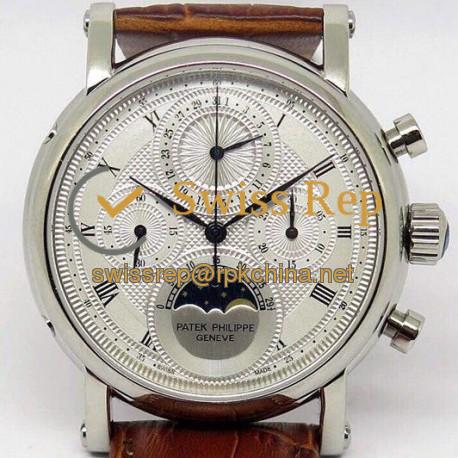 Replica Patek Philippe Moonphase Chronograph Stainless Steel White Dial Lemania
