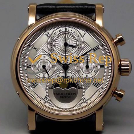 Replica Patek Philippe Moonphase Chronograph Rose Gold  White Dial Lemania