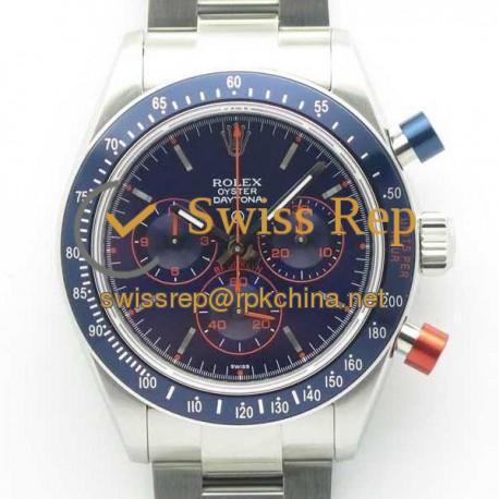 Replica Rolex Daytona Cosmograph Blue/Red Pushers BP Stainless Steel Blue Dial Swiss 4130 Run 6@SEC