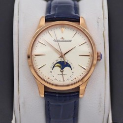 Master Ultra Thin Moon 34mm TWF Rose Gold Beige Dial Blue Leather Strap JLC 925
