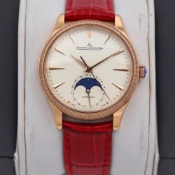 Master Ultra Thin Moon 34mm TWF Rose Gold & Diamond Beige Dial Red Leather Strap JLC 925