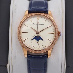 Master Ultra Thin Moon 34mm TWF Rose Gold & Diamond Beige Dial Blue Leather Strap JLC 925
