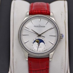 Master Ultra Thin Moon 34mm TWF SS & Diamond Silver Dial Red Leather Strap JLC 925