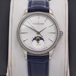 Master Ultra Thin Moon 34mm TWF SS & Diamond Silver Dial Blue Leather Strap JLC 925