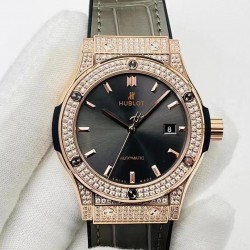 Classic Fusion Automatic 42mm HBF Rose Gold & Diamond Anthracite Dial Gray Leather Strap HUB1213 V3