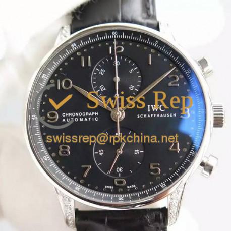 Replica IWC Portuguese Chronograph Stainless Steel & Diamonds Black Dial Swiss 7750