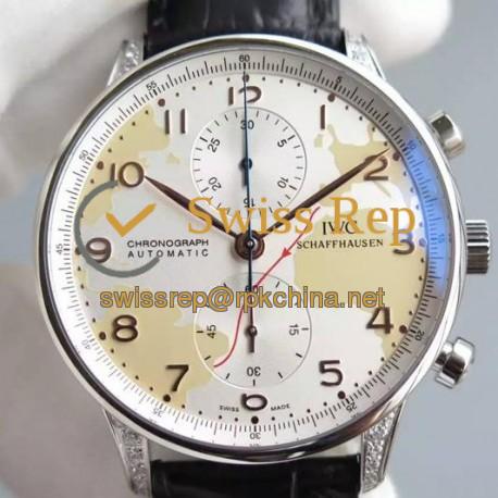 Replica IWC Portuguese Chronograph Stainless Steel & Diamonds White Map Dial Swiss 7750