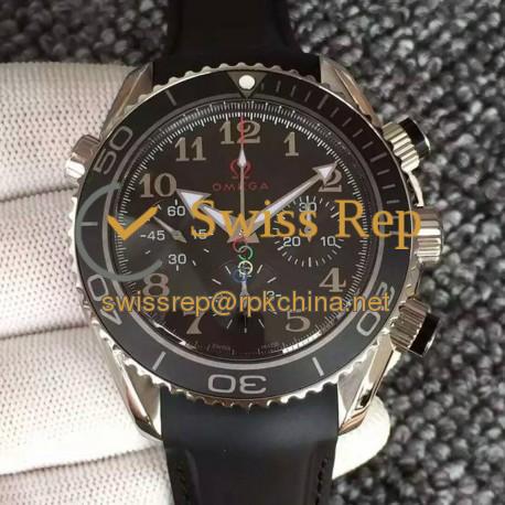 Replica Omega Seamaster Planet Ocean Chronograph Olympics Stainless Steel Black Dial Black Rubber Strap Swiss 7750