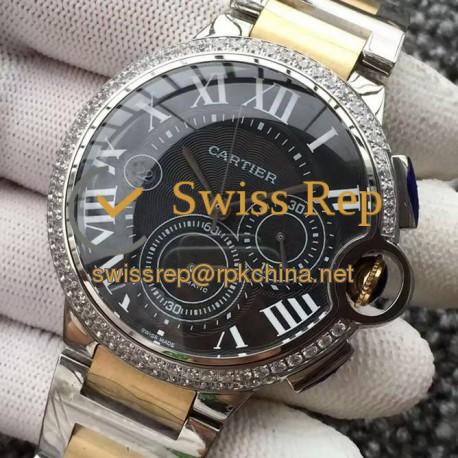 Replica Cartier Ballon Bleu Chronograph Stainless Steel & Diamonds Black Dial Swiss 7750