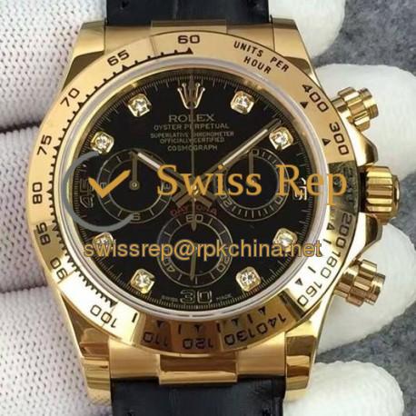 Replica Rolex Daytona Cosmograph 116518 JH Yellow Gold Diamonds & Black Dial Swiss 4130 Run 6@SEC