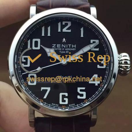Replica Zenith Pilot Extra Special SS/LE Black Dial on Brown Leather Strap