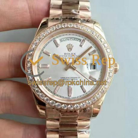 Replica Rolex Day-Date 40 228235 40MM KW Rose Gold & Diamonds Sundust Dial Swiss 3255