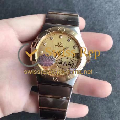 Replica Omega Constellation 123.20.38.21.58.001 38MM V6 Stainless Steel & Yellow Gold Champagne & Diamonds Dial Swiss 8500