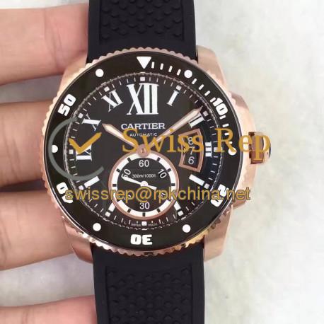 Replica Calibre De Cartier Diver W7100052 42MM TF Rose Gold Black Dial M9015