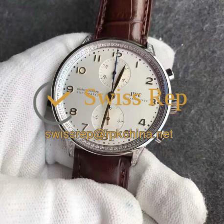 Replica IWC Portugieser Chronograph IW371445 ZF Stainless Steel & Diamonds White Dial Swiss 7750